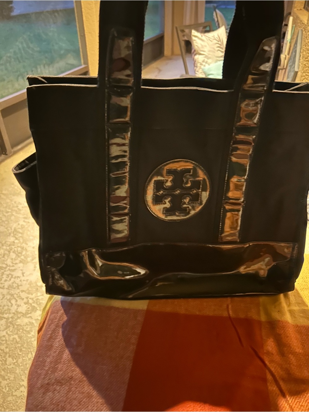 Tory Burch Black Tote with Patent Trim and Logo Medallion